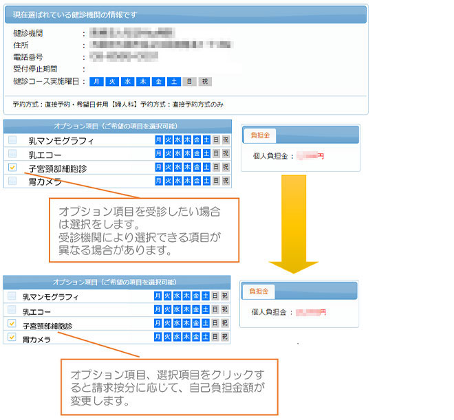 受診オプション項目およびご希望の受診日を選択